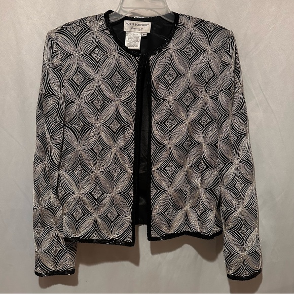 Vintage Black Silk Beaded Trophy Jacket Geometric Black and White Blazer Size M
